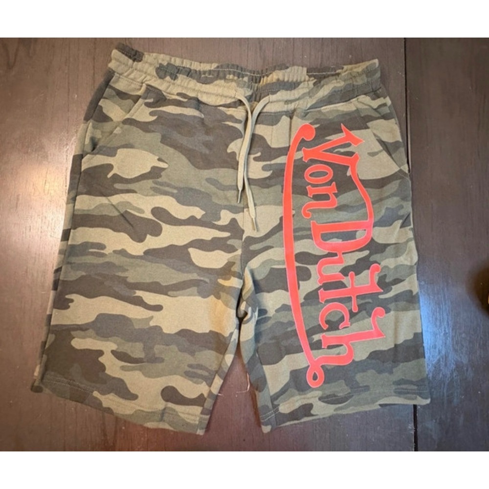Y2K Von Dutch Mens Camo Fleece Sweat Shorts Large Logo Camouflage IND20SRTC
